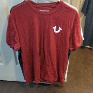 True Religion Men's Red Crew Neck T-Shirt with White Horseshoe Logo